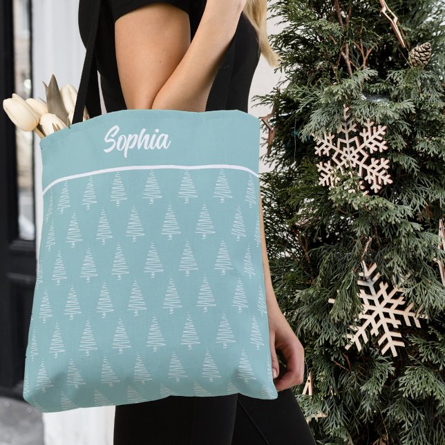 Snyggt Blue and White Julgran Mönster Tygkasse (Stylish Blue And White Christmas Tree Pattern Tote Bag)