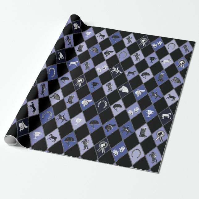 Snyggt Blue Black Equestrian Diamond Mönster Presentpapper (Utrullad)