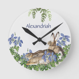 Snyggt Blue Blommigt Kanin Watercolor Cute Bunny Rund Klocka