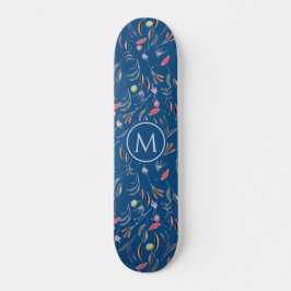 Snyggt Blue Blommigt Watercolor MONOGRAM Mini Skateboard Bräda 18,5 Cm