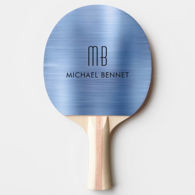 Snyggt Blue Faux Brushed Metallic Monogram Namn Pingisracket (Framsidan)