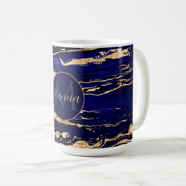 Snyggt Blue Guld Abstrakt Marble Kaffemugg (Framsida höger)
