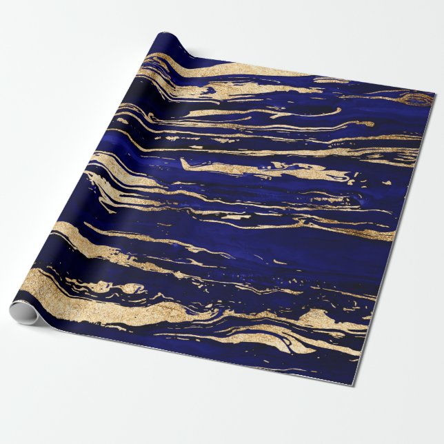 Snyggt Blue Guld Abstrakt Marble Presentpapper (Utrullad)