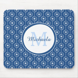 Snyggt Blue och White Hearts Monogram med Namn Musmatta