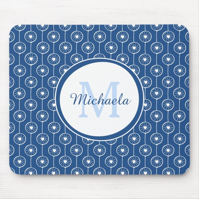 Snyggt Blue och White Hearts Monogram med Namn Musmatta (Framsidan)