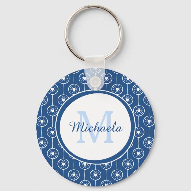 Snyggt Blue och White Hearts Monogram med Namn Nyckelring (Framsida)