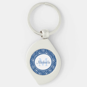 Snyggt Blue och White Hearts Monogram med Namn Swirl Silverfärgad Nyckelring