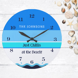 Snyggt Blue Rand Wave Family Namn Beach House Stor Klocka