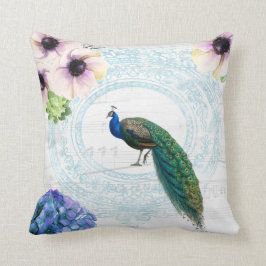 Snyggt Blue, Rosa & White Blommigt Peacock Kudde