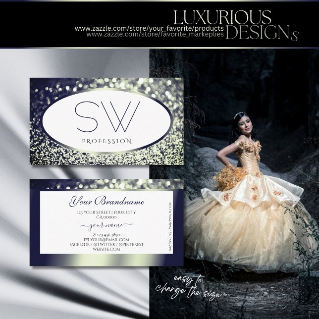 Snyggt Blue Silver Gnistra Glitter White Monogram Visitkort (Skapare uppladdad)