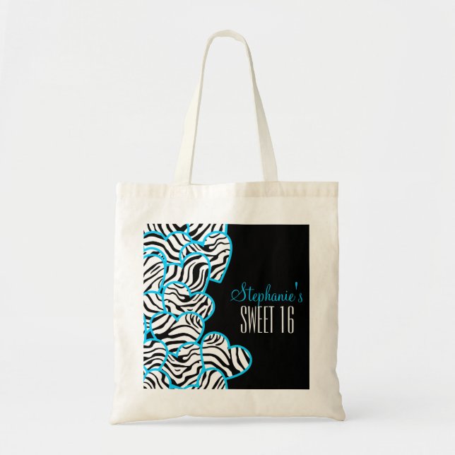 Snyggt Blue Sweet 16 Zebra Heart Design Namn Tygkasse (Framsidan)
