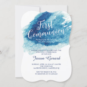 Snyggt Blue Watercolor First Communion Inbjudningar