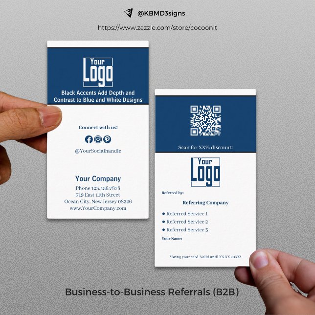 Snyggt Blue White Black Services QR-kod B2B Rabattkort (Stylish Blue White Black Services QR Code B2B Referral Card)
