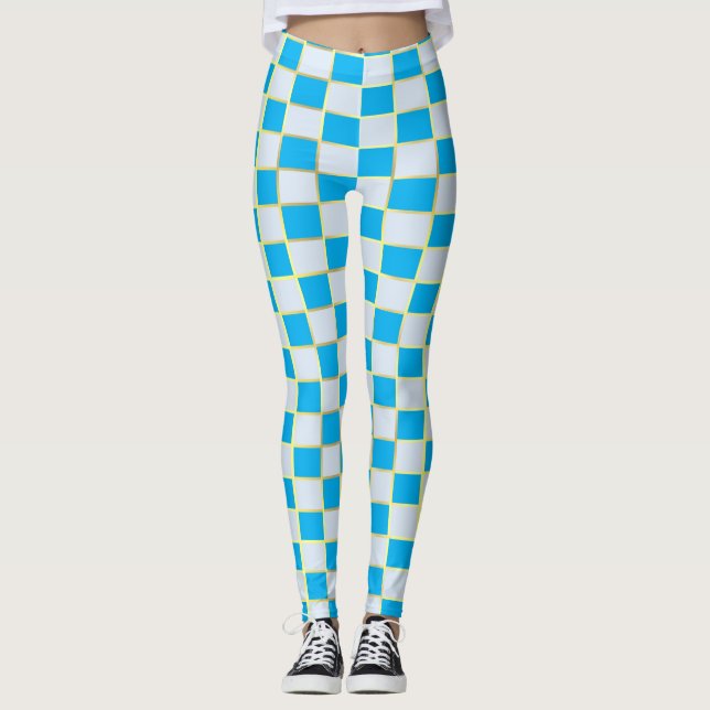 Snyggt Blue White & Guld Checker Square Yoga Leggings (Framsida)