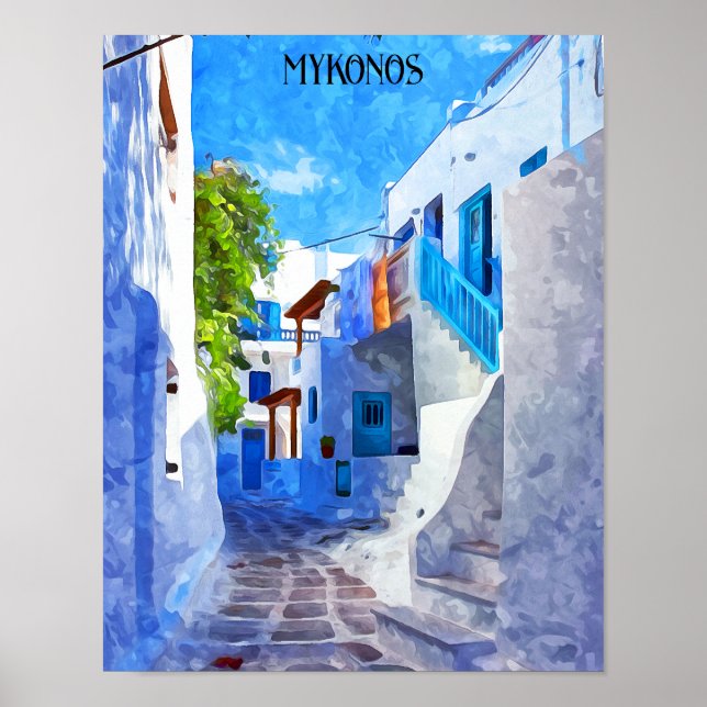 Snyggt Blue White Mykonos Greece-målning Poster (Framsidan)