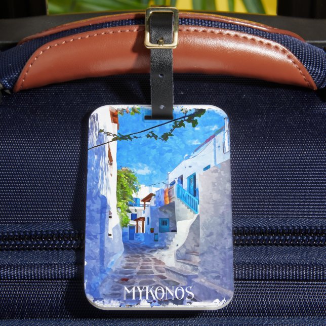 Snyggt Blue White Mykonos Greece Watercolor Bagagebricka (Framsida Insitu 2)