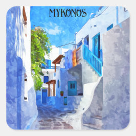 Snyggt Blue White Mykonos Greece Watercolor Fyrkantigt Klistermärke