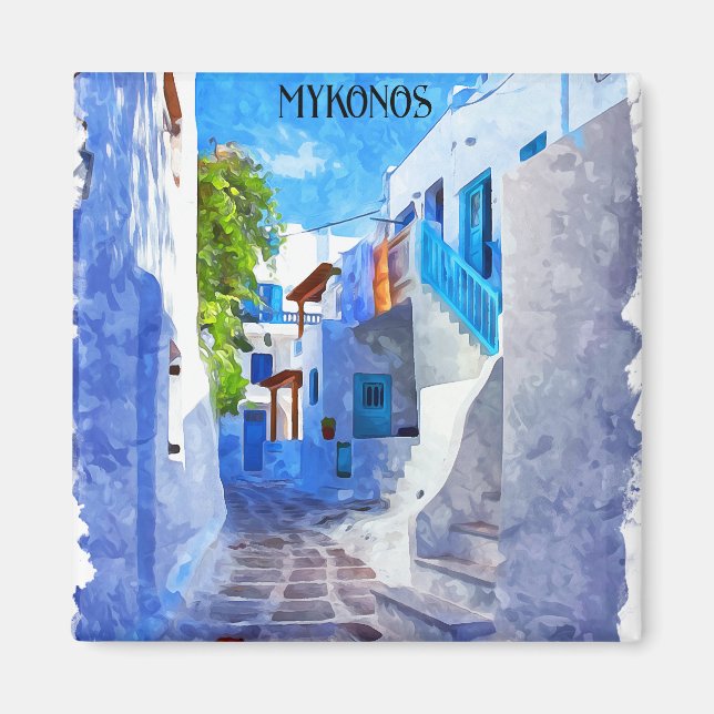 Snyggt Blue White Mykonos Greece Watercolor Magnet (Framsidan)