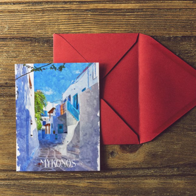 Snyggt Blue White Mykonos Greece Watercolor Vykort (mykonos greek island blue white postcard)