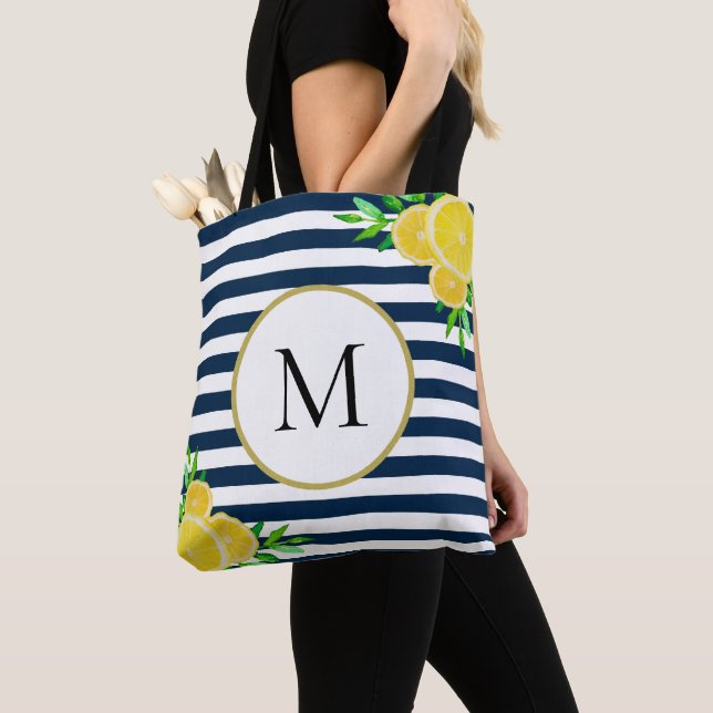 Snyggt Blue White Rand Sommar Lemon Monogram Tygkasse (Närbild)
