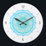 Snyggt Bohemian Turcos Mandala Large Clock Stor Klocka<br><div class="desc">Vackra klocka med en originell Bohemian Mandala-design,  färsk turkosa blå på vit bakgrund med moderna siffror.</div>