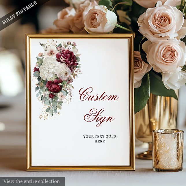 Snyggt Boho Burgundy White Blommigt Bröllop-tecken Poster (Stylish Boho Burgundy White Floral Wedding Sign)