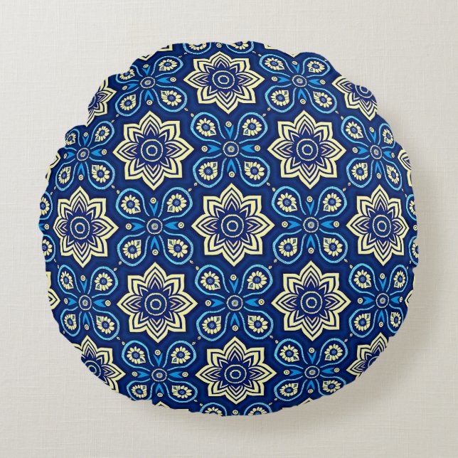 Snyggt Boho Chic Blommönster Rund Kudde (Framsidan)