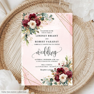 Snyggt Boho Deep Red Guld  Flowers Bröllop Inbjudningar