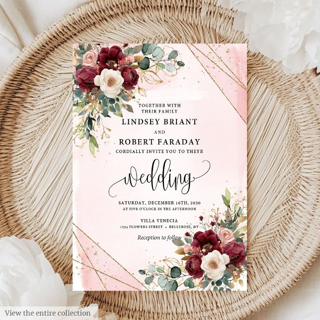 Snyggt Boho Deep Red Guld  Flowers Bröllop Inbjudningar (Stylish Boho Deep Red Gold Blush Flowers Wedding Invitation)