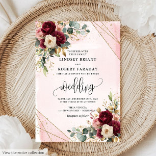 Snyggt Boho Deep Red Guld Flowers Elegant Inbjudningar