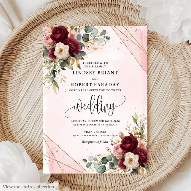 Snyggt Boho Deep Red  Guld Flowers Elegant Inbjudningar (Stylish Boho Deep Red Blush Gold Flowers Elegant Invitation)