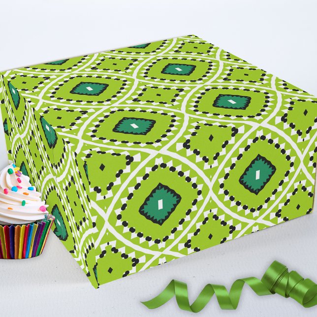 Snyggt Boho Ethnic Lime Green Geometric Mönster Presentpapper (Skapare uppladdad)