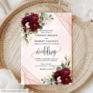 Snyggt Boho Marsala Guld  blommor Bröllop Inbjudningar