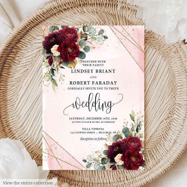 Snyggt Boho Marsala Guld  blommor Bröllop Inbjudningar (Stylish Boho Marsala Gold Blush Flowers Wedding Invitation)
