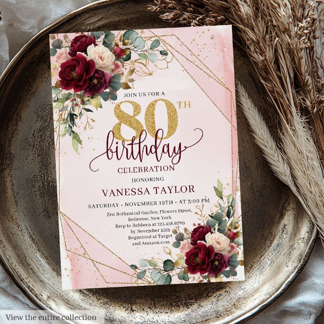 Snyggt Boho Marsala Guld Flowers 80:e födelsedagen Inbjudningar (Stylish Boho Marsala Gold Flowers 80th Birthday Invitation)