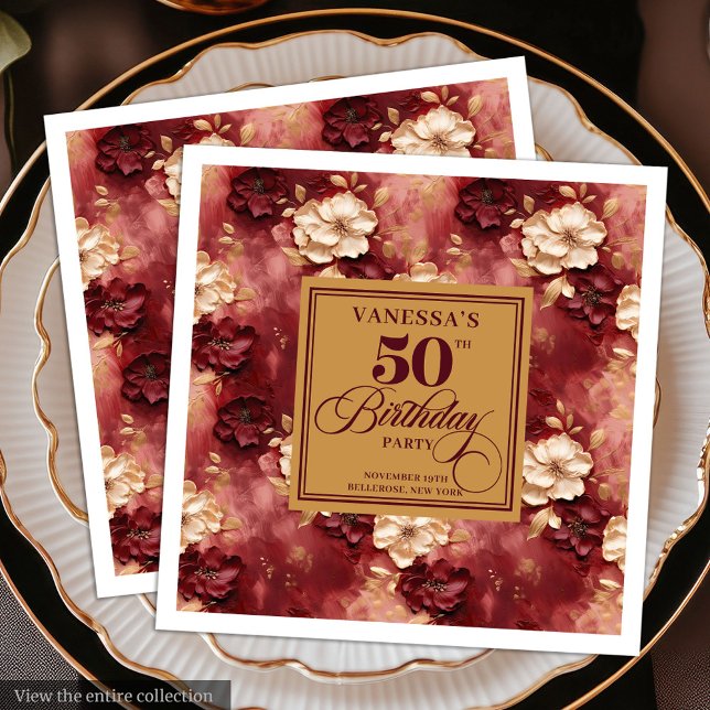 Snyggt Boho Merlot  Guld 50:e födelsedagen Pappersservett (Stylish Boho Merlot Blush Gold 50th Birthday Paper Dinner Napkins)