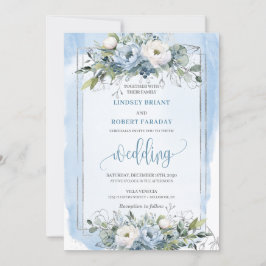 Snyggt Boho Pastel Blue Silver Peonies Bröllop Inbjudningar