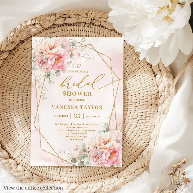 Snyggt Boho  Rosa ros Guld Möhippa Inbjudningar (Stylish Boho Blush Pink Roses Gold Bridal Shower Card)