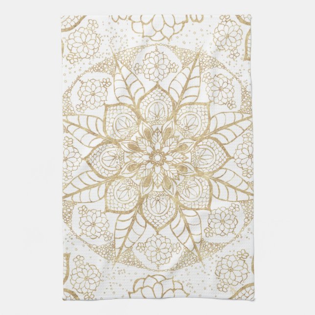 Snyggt Boho White Guld Mandala Blommigt Kökshandduk (Vertikal)