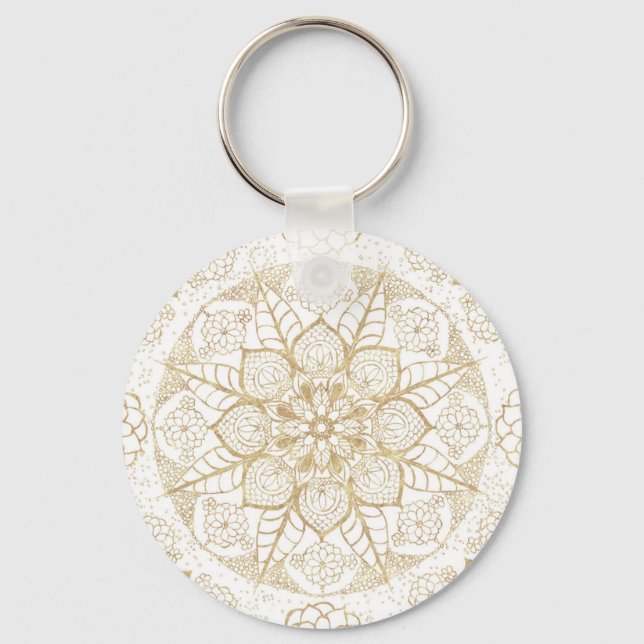 Snyggt Boho White Guld Mandala Blommigt Nyckelring (Framsida)