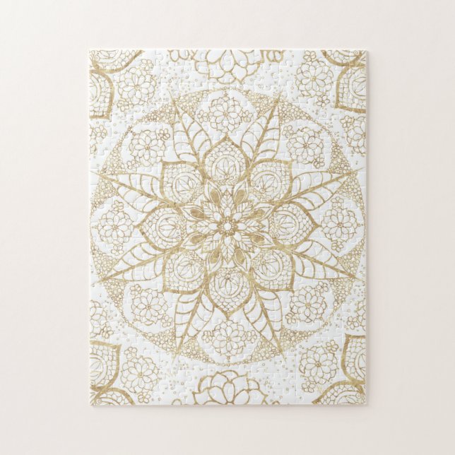 Snyggt Boho White Guld Mandala Blommigt Pussel (Vertikal)