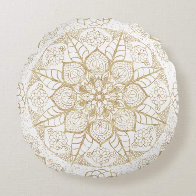 Snyggt Boho White Guld Mandala Blommigt Rund Kudde (Framsidan)