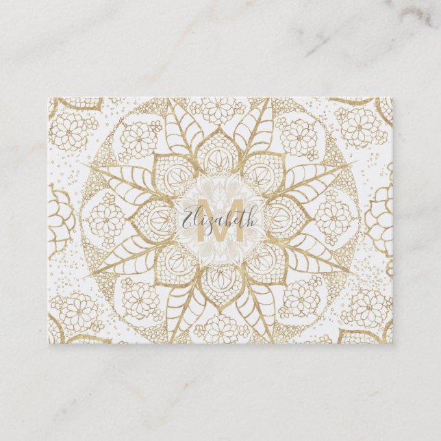 Snyggt Boho White Guld Mandala Blommigt Visitkort (Framsida)