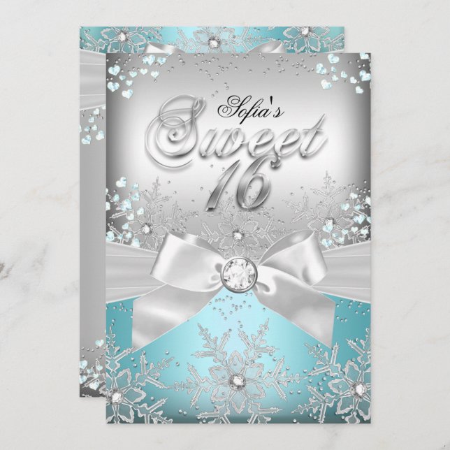 Snyggt Bow Blue Jewel Sweet sixteen Inbjudan (Fram/baksida)