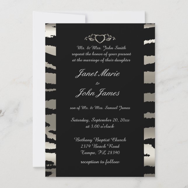Snyggt Bröllop i Silver & Black Zebra ränder Inbjudningar (Framsida)