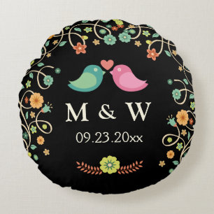 Snyggt Bröllop Monogram Blommigt Love birds par pa Rund Kudde