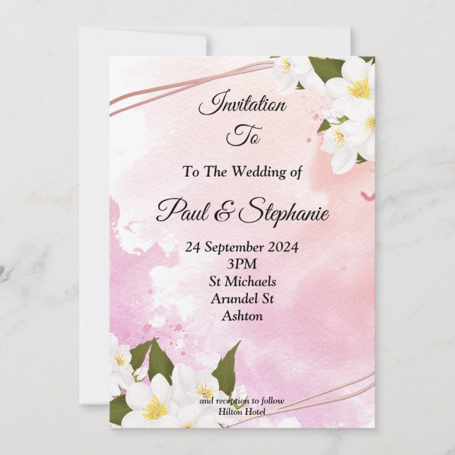 Snyggt Bröllopsinbjudan, rosa, vita blommor Inbjudningar (Framsida)