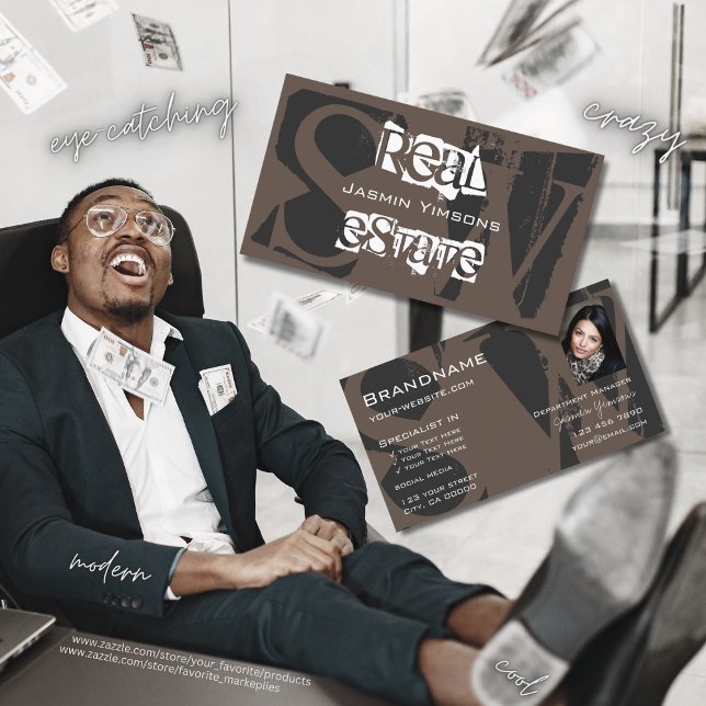 Snyggt Brown Grått White med Photo and Monogram Visitkort (Skapare uppladdad)