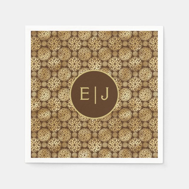 Snyggt Brown & Guld Dahlias Mönster Monogram Pappersservett (Framsidan)