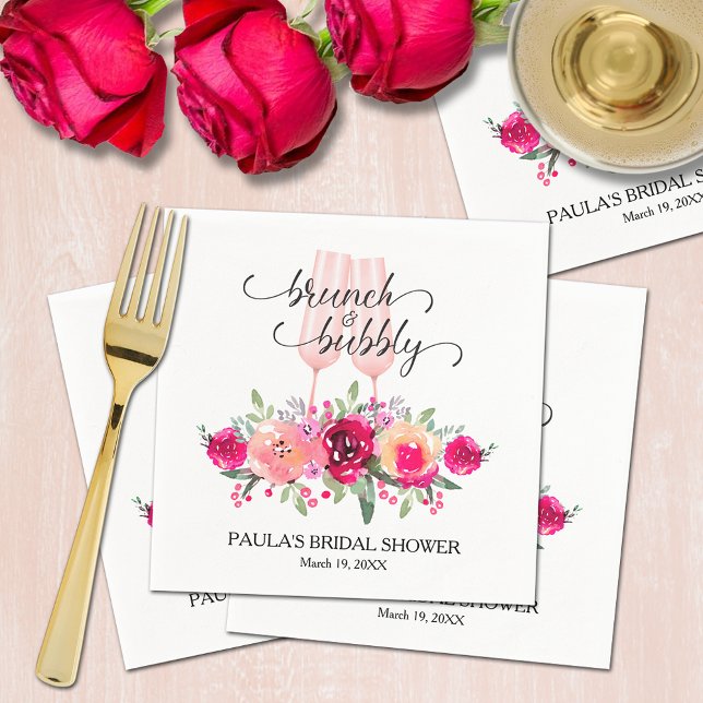 Snyggt Brunch och Bubly Blommigt Möhippa Pappersservett (Chic champagne flutes with watercolor pink and cream floral bridal shower personalized napkins)